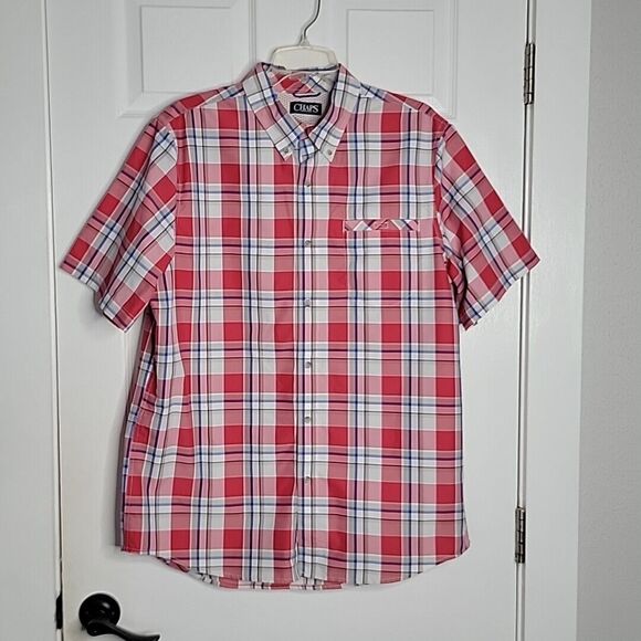 Chaps Button Up Collard Shirt ~ Sz L ~ Red, White, Blue ~ Short Sleeve - Picture 2 of 4